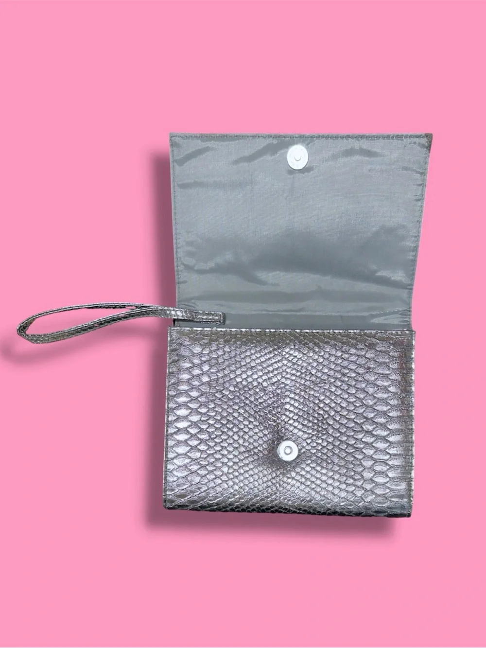 Neiman Marcus Iridescent Pewter Snake-Embossed Wristlet Clutch